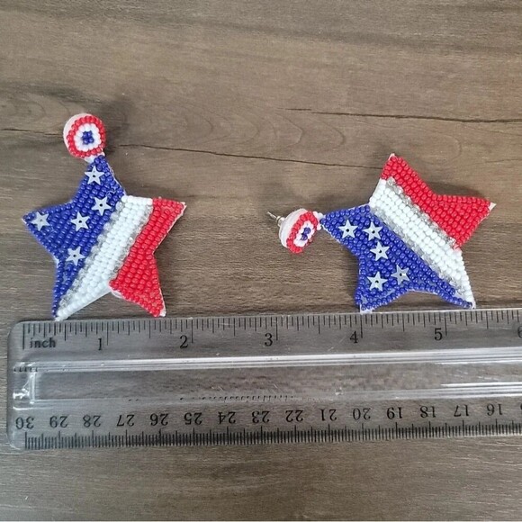 Beaded American Flag Star Dangle Earrings - Picture 5 of 5